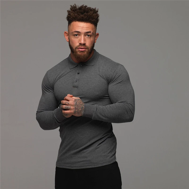 Running Quick dry Polo T-shirt Men Gym Sport Skinny Long Sleeve Tee Shirt Male Fitness Bodybuilding Workout Tops Clothing