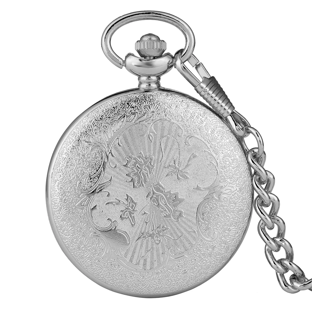 Silver Color Cover Pocket Watch Classic Half-hollow with Roman Numerals Case Pocket Watches Alloy Slim Chain Pendant Watch