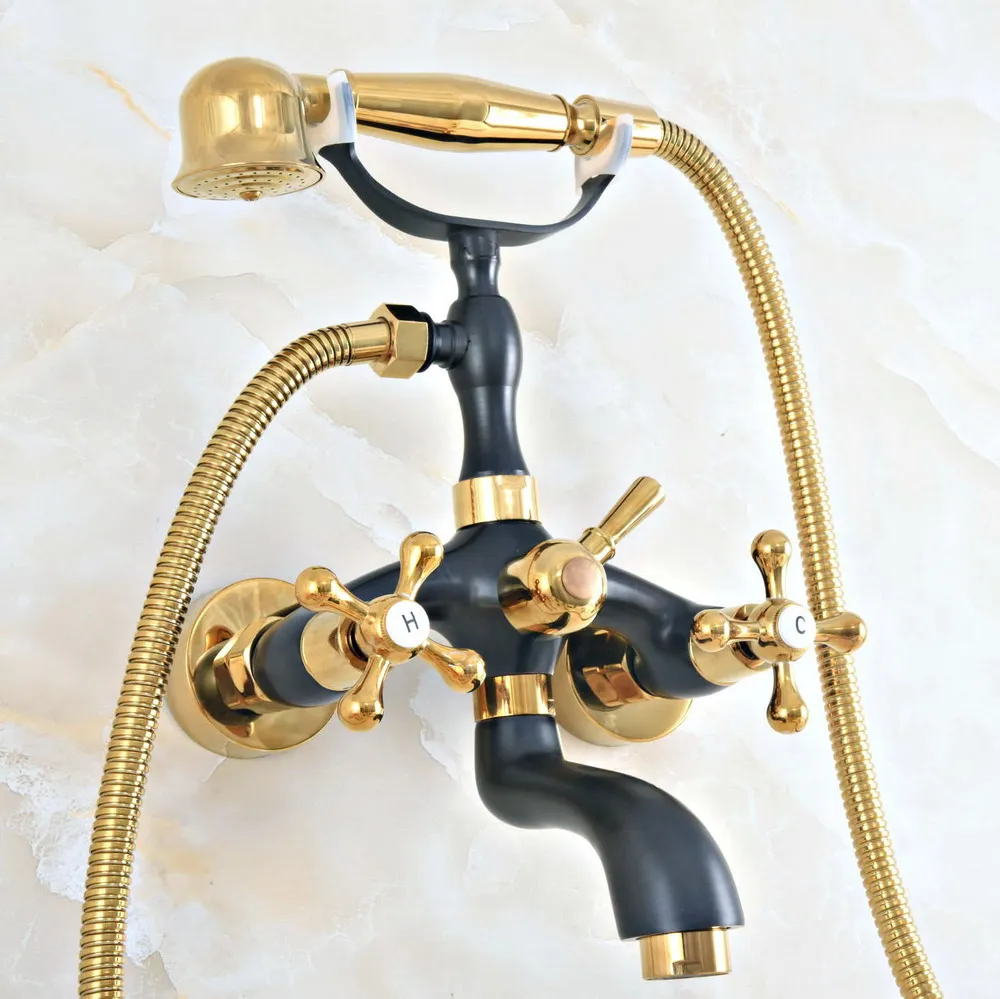 

Black Gold Color Brass Wall Mount Bathroom Tub Faucet Dual Cross Handles Telephone Style Hand Shower Clawfoot Tub Filler ana408