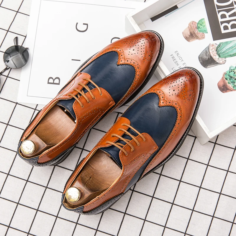 Big Size 38-47 British Men Oxfords Leather Shoes Green Blue Brogue Shoes Handmade Formal Dress Loafers Mixed Color Fashion Flats