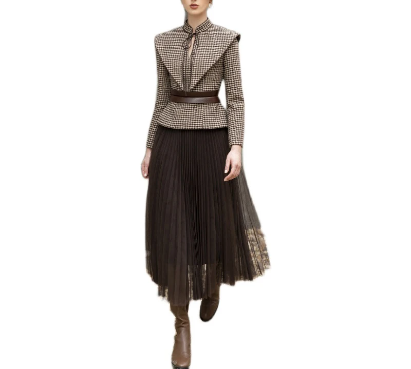 Kleermaker Retro Slim En Dunne Donkerbruin Houndstooth Winter Vrouwelijke Licht Luxe Top En Rok Semi-Formele Jurken