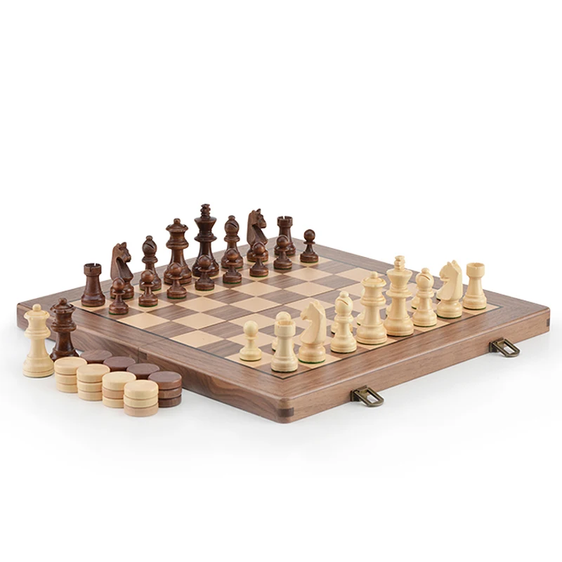 Hot Top Grade Refined Folding Wooden Chess & Checkers Set Solid Wood Walnut Chessboard Collection Entertainment Gifts Board Game