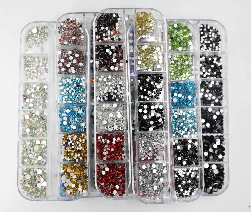 12 ızgara 1440 adet Mix boyutları cam kristal olmayan sıcak düzeltme yapay elmas Flatback kristal 3D glitter Nail Art Rhinestones süslemeleri