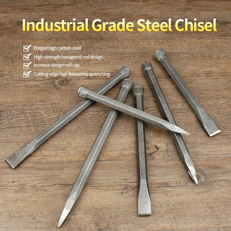 High Carbon Steel Chisel Point and Flat Head Hexagonal Rod 250/300/350mm Industrial Grade Forged Steel Chisel Carving Chisel