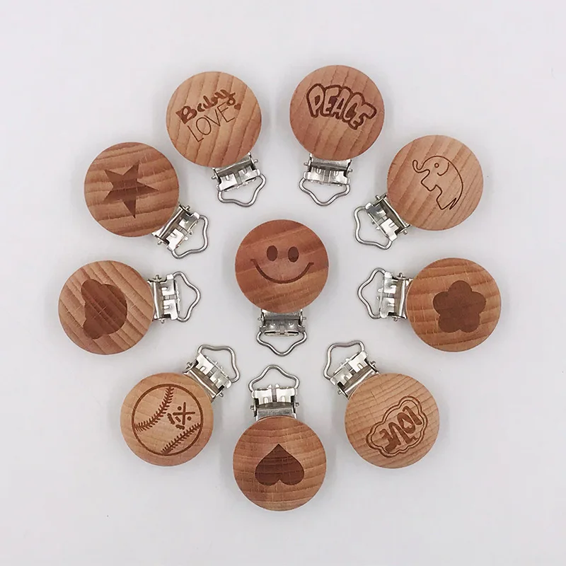 20pcs/Lot  Beech Wood Pacifier Clip Laser Printing Log Wood Pacifier Clip Comfort Beech Wood Pacifier Clip Accessories