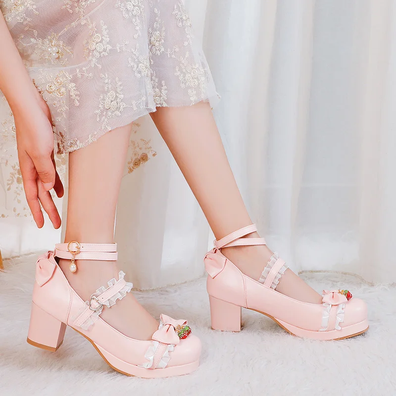 Women Cute Lolita Cosplay Shoes Bow Mid Chunky Heel Heart Strap Platform Mary Jane Pumps Kawaii Sweet School Girl Strawberry