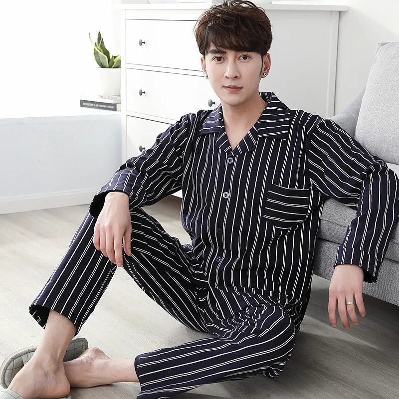 Spring Autumn 100%Cotton Men Pajama Sets Striped Pajamas Long Sleeve Turn-down Collar Mens Sleepwear Plus Size Male Nightwear