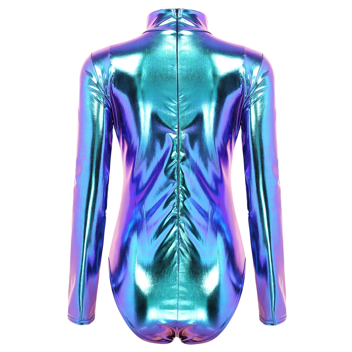 Womens Metallic Shiny Unitard Dancewear Turtleneck Long Sleeves Slim Fit Bodysuit One Piece Clubwear Artistic Gymnastics Leotard