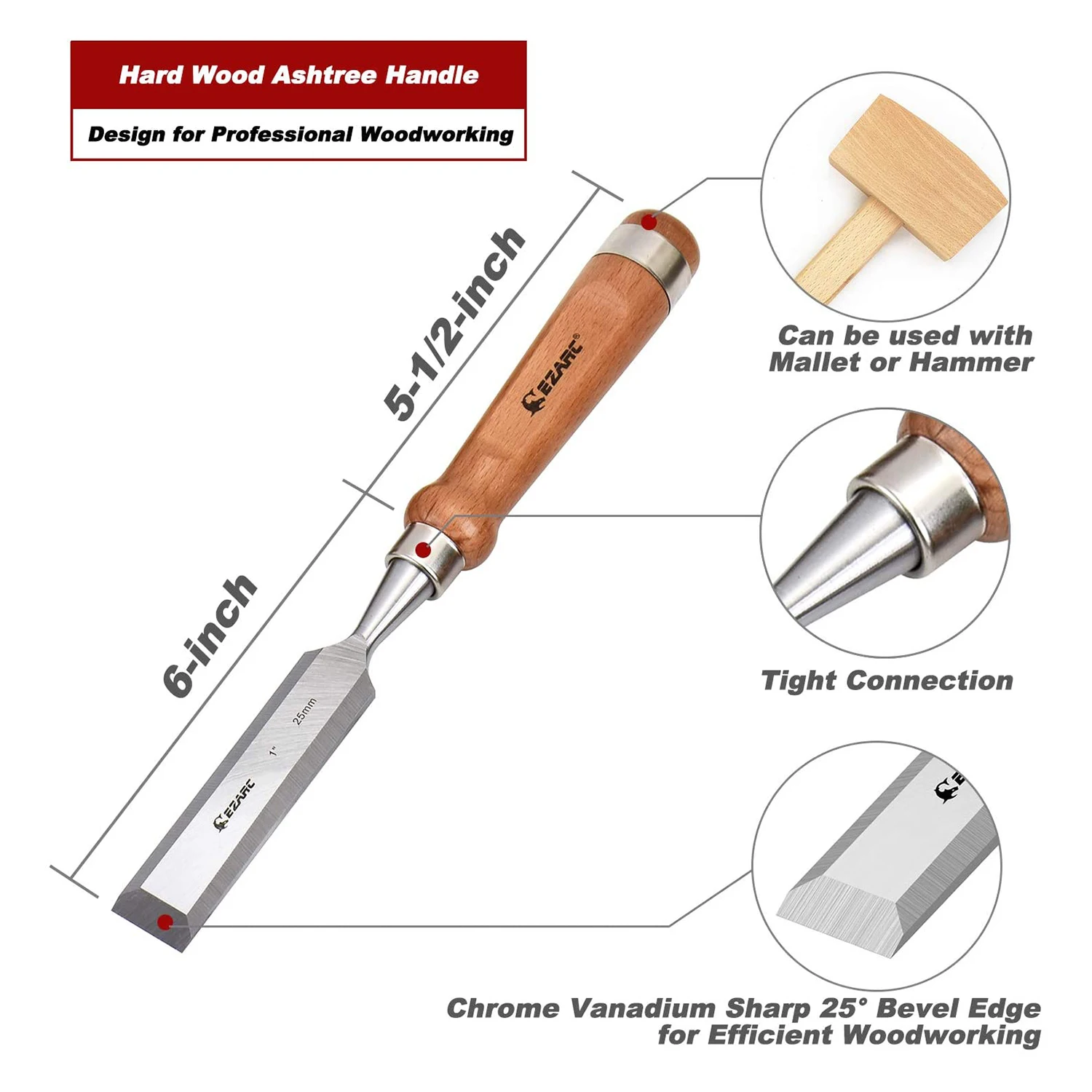 EZARC 6pcs Wood Chisel Set for Woodworking CRV Steel with Walnut Handle in Wooden Premium Box