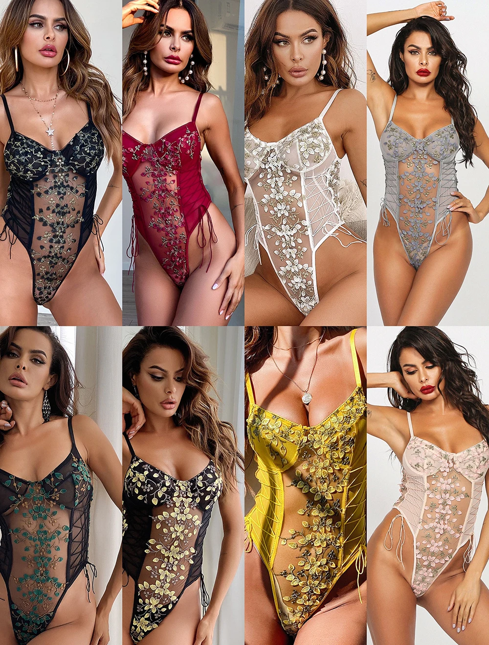 Ellolace Floral Stickerei Body Frauen Lace Up Bandage Bodies Sexy Ärmel Bodycon Transparent Dessous Mesh Bodys Top