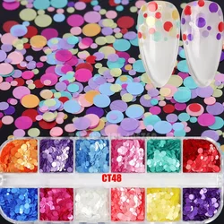 12 Grids/Box Mix Sizes Silk Rainbow Round Sequins / Holo Hexagon Nail Glitter Paillette Noctilucent Powder Nail Art Slice Decals