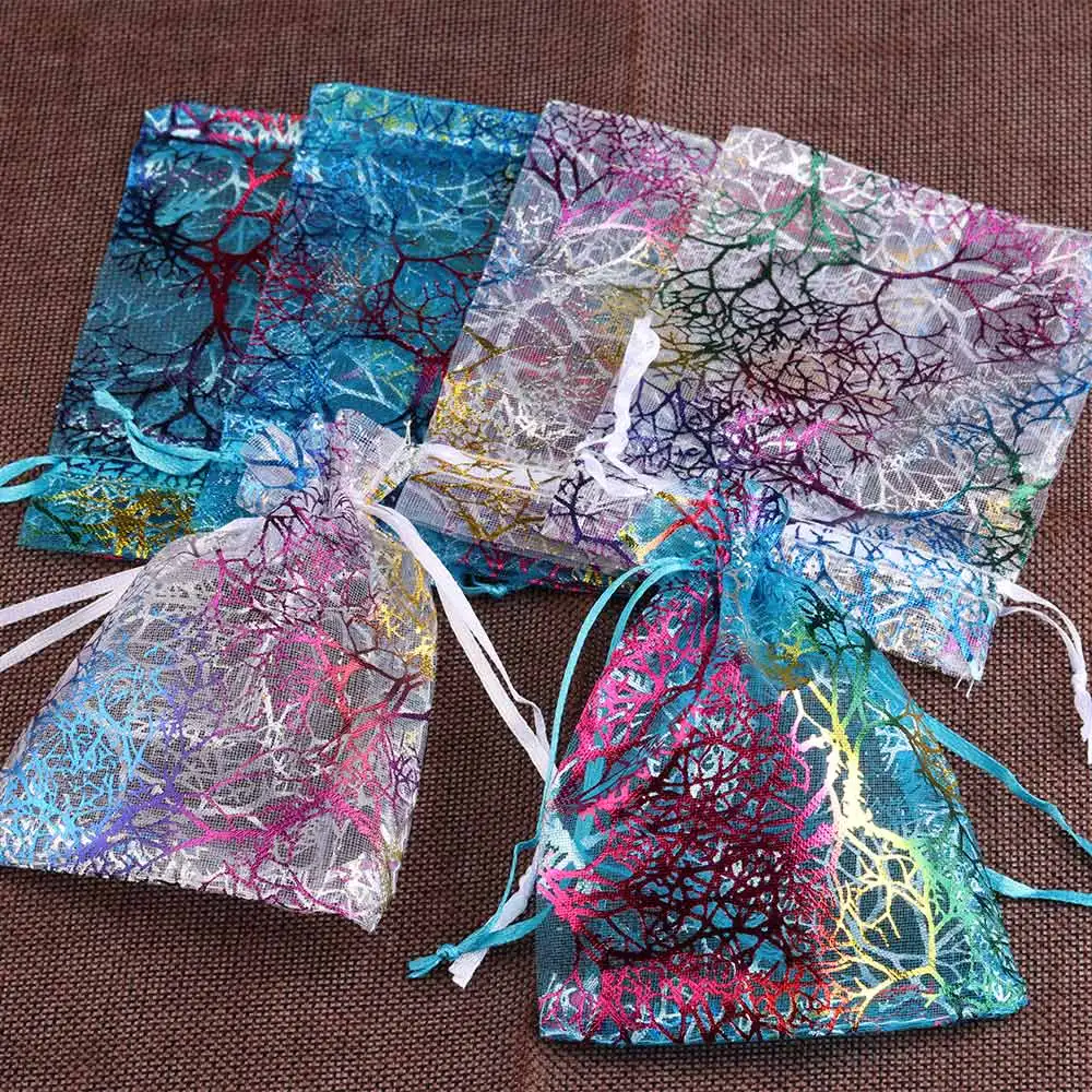 25/50/100pcs/lot Organza Gift Bag Jewelry Packaging Drawstring Bag Multi-size Colorful Trees Printing Party Wedding Candy Bag