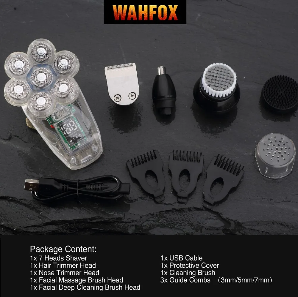 WAHFOX Electric Shaver For Men Transparent Care Digital Display Hair Trimmer Beard Razor Wet Dry Men Shaving Machine