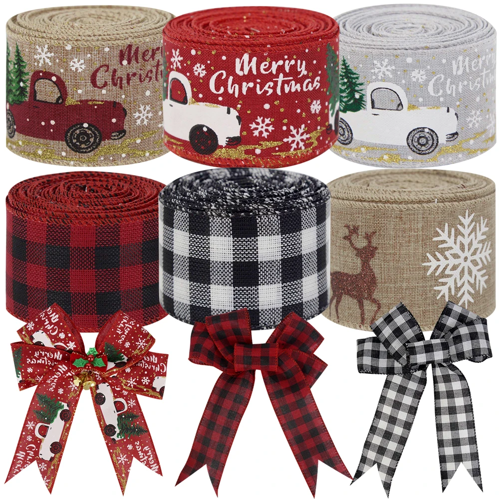 Christmas Burlap Ribbon Roll Xmas Tree Twine Streamer Ribbon Car Truck Red Plaid Tape for Christmas Gift Wrapping DIY Bow Craft