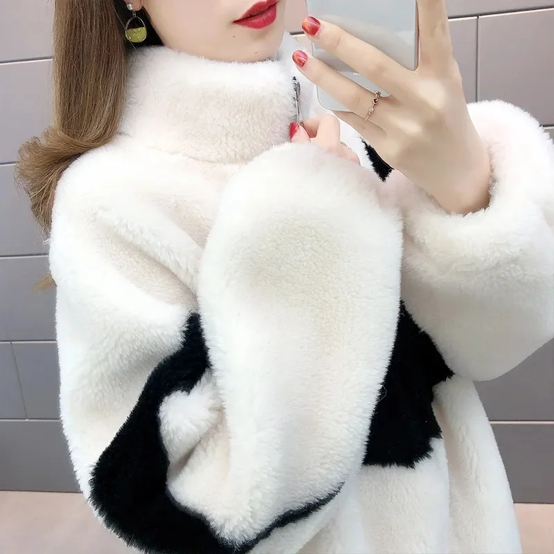 2024 New Plus  Thickened  Lamb Hair Particles Stand-Up Collar Sweatershirt Women Color Matching Imitate Rabbit Fur Coat Zipper