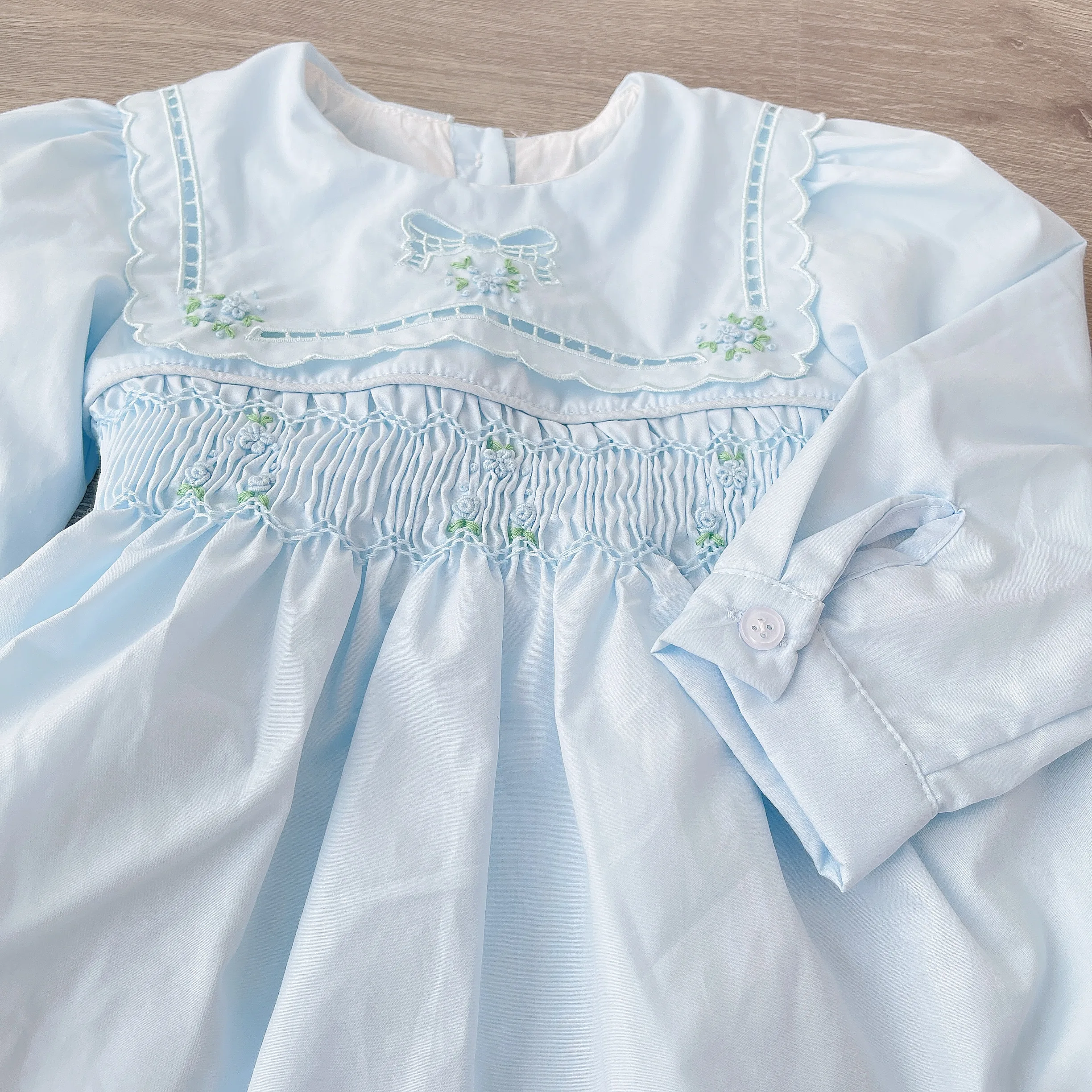 

1-6Y Baby Girls Toddle Blue Cotton Elegant Handmade Winter Smocking Spanish Vintage Little Princess Dress for Wedding Christmas