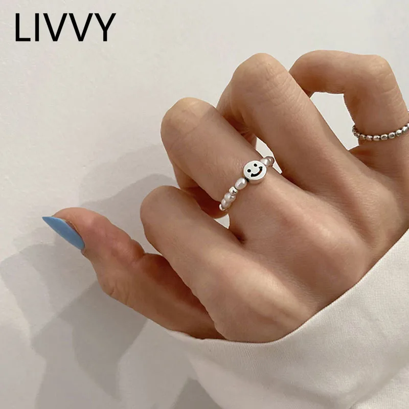 LIVVY Elegant Pearl Bead Stone Elastic Smile Rings For Women Fashion Multi Beaded Adjustable Size High-quality Jewelry Gifts