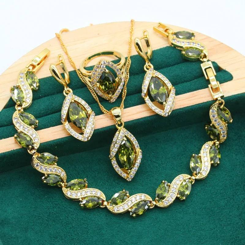 Geometric Gold Color Jewelry Sets for Women Wedding Olive Green Zircon Bracelet Earrings Necklace Pendant Bride Ring