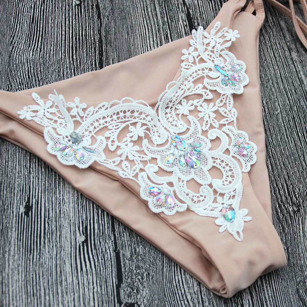 Sexy Sequin Lace Split Strappy Swimsuit Women Rhinestone Bikini Befree Body Two piece Beach Party Lace Up champagne ColorBikini