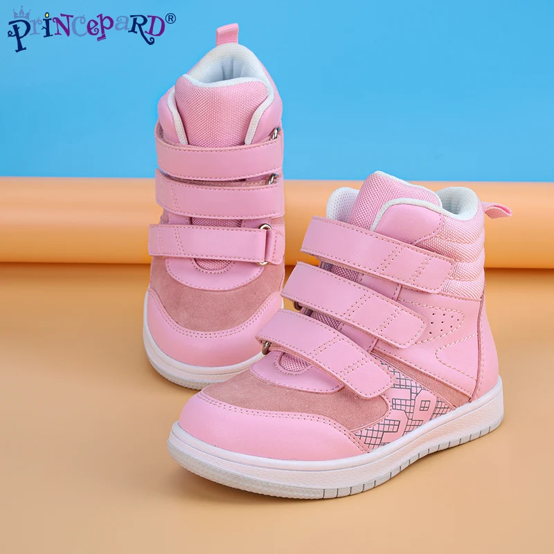 Princepard Botines para niñas y niños, zapatillas ortopédicas para niños con plantillas de soporte para el arco, zapatos de cuero rosa y gris para