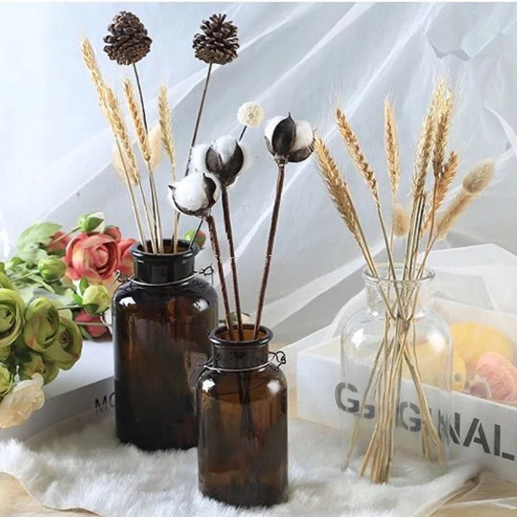 Nordic Glass Vase Home Creative Jewelry Ornaments Transparent Dried Flower Hydroponic Small Brown Bottle Vase Bedside Decoration