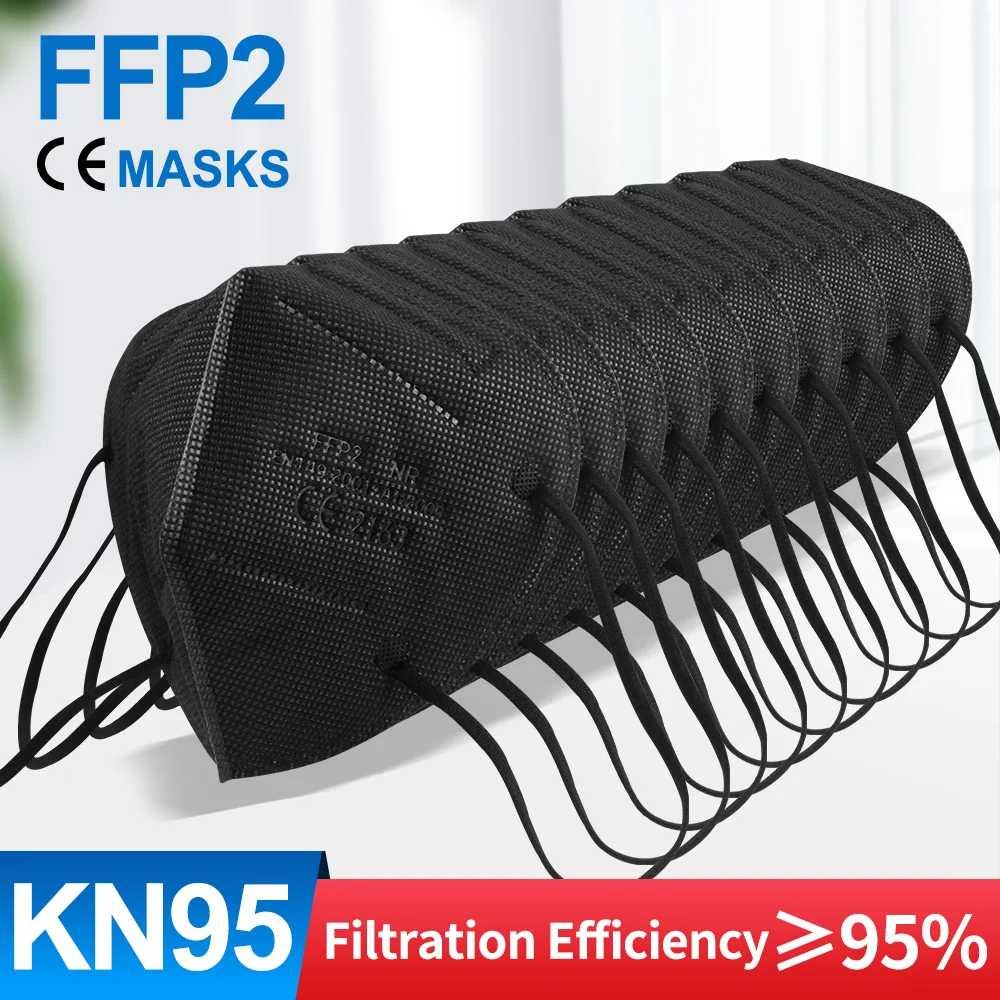 Máscara facial ffp2 com 5-200 peças, máscaras de proteção reutilizáveis fpp2 com 5 camadas de proteção, aprovada por respirador, nas cores preta