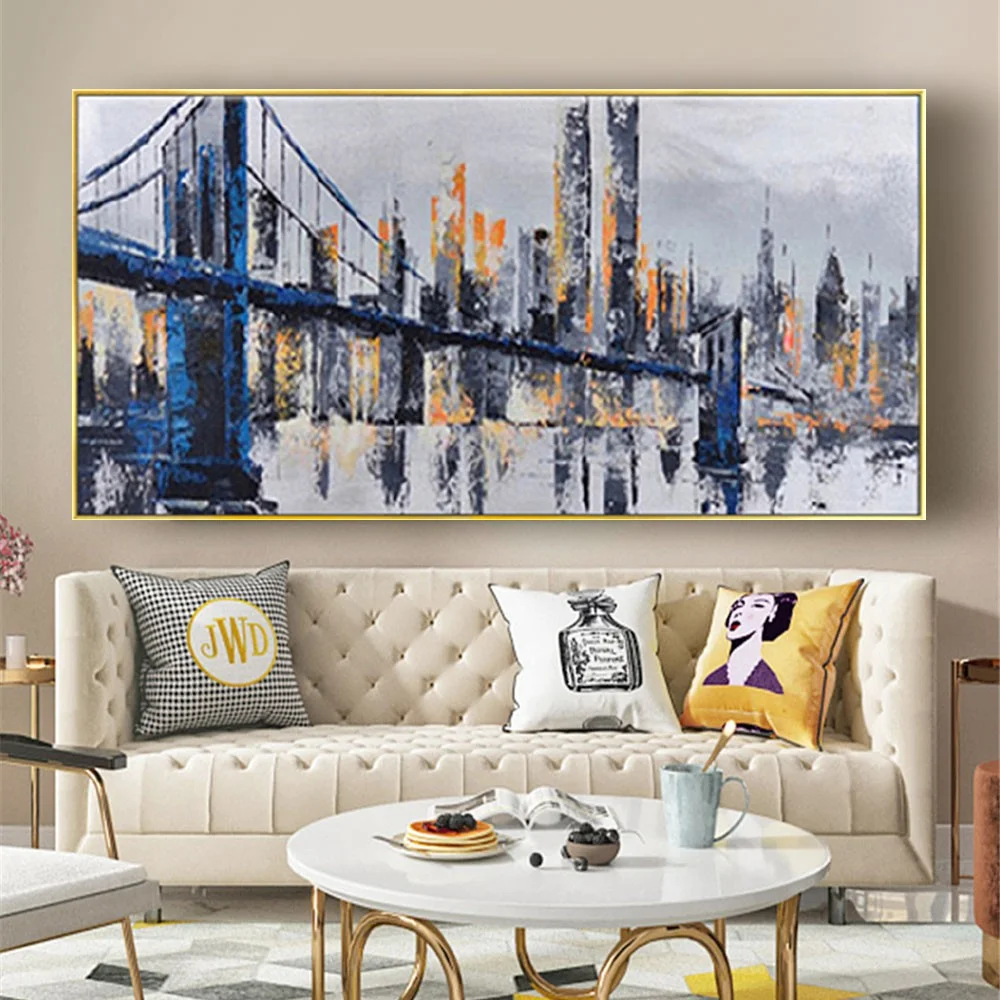 

Hand-Painted Bluebridge Oil Painting Abstract New York Bridge Thick Texture Blue Canvas Picture Modern Home Decor Poster Mural