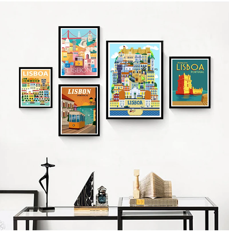 Pop Art Lisboa Portugal pinturas en lienzo de viaje carteles de pared Vintage Kraft pegatinas de pared recubiertas imágenes de decoración del hogar regalo