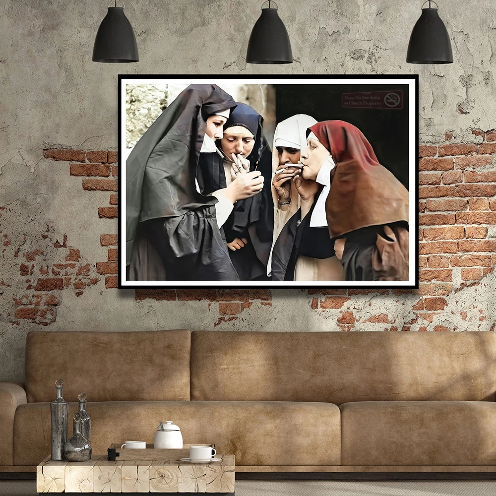 Smoking Nuns Prints Vintage Photo Colorized Poster Women Cigarette Funny Wall Art Canvas Painting Picture Weird Room Home Decor