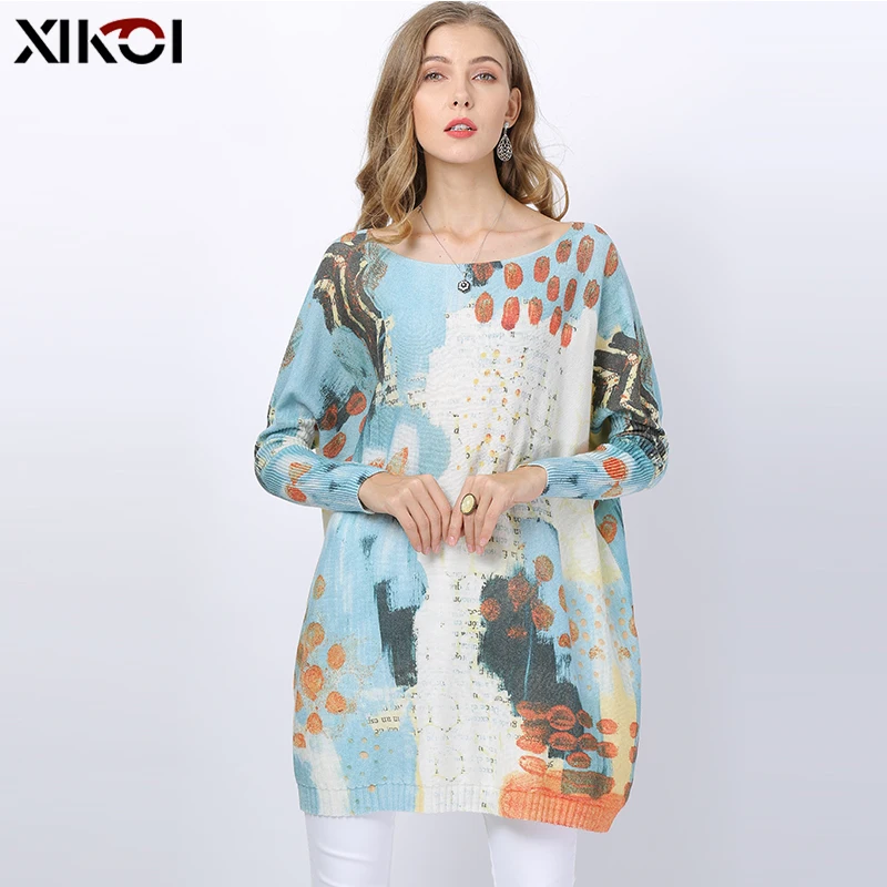 XIKOI Winter Oversized Sweaters For Women Long Wool Pullovers Loose Sky Blue Knitted Patchwork Jumper Printed O-neck Pull Femme