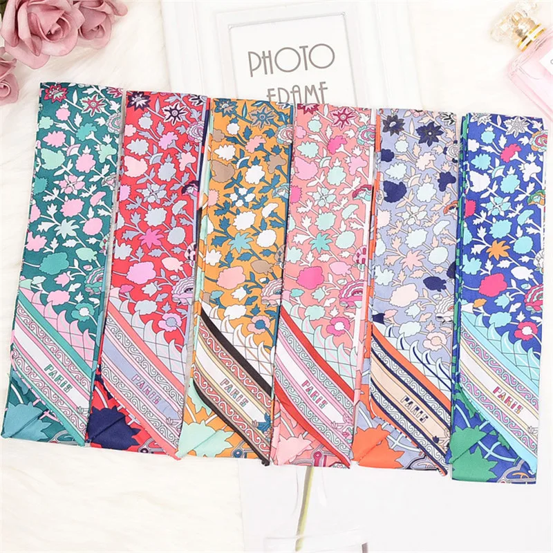 Bag Scarf New Floral Print Women Silk Scarf Skinny Bag Ribbon Female Headband Fashion Head Scarf Long Scarves & Wraps