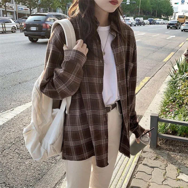 new Vintage cotton plaid Shirt female Oversize Tops Women Long sleeve Girls Blouse New Autumn Women Blouses femme Blusas