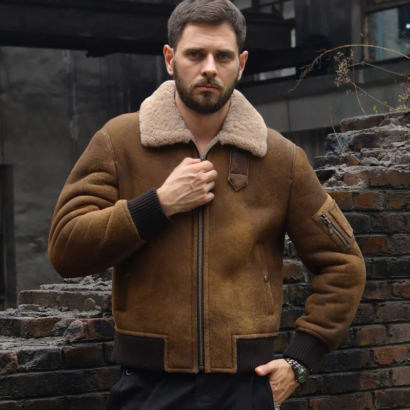 Denny&Dora New Mens Shearling Coat B3 Bomber Jacket Short Fur Coat Brown Leather Jacket Fashion Motorcycle Jacket