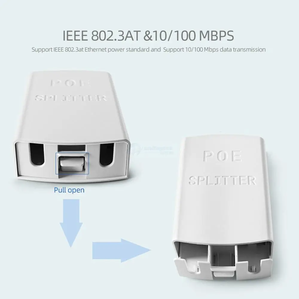 Divisor PoE para exteriores, 10/100M, IEEE 802.3af/at estándar, 12V, 2A de salida y DC44-57V de 0,65a, 30W de potencia de entrada sobre receptor