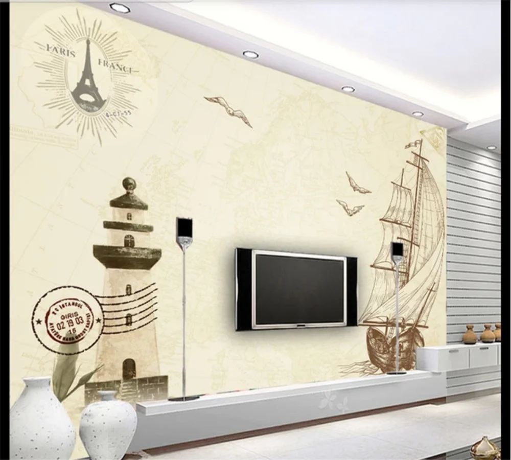 Aangepaste Behang Mural 3D-8D Wandbekleding Retro Nostalgische Zeilboot Vuurtoren Sofa Achtergrond Wanddecoratie Schilderij