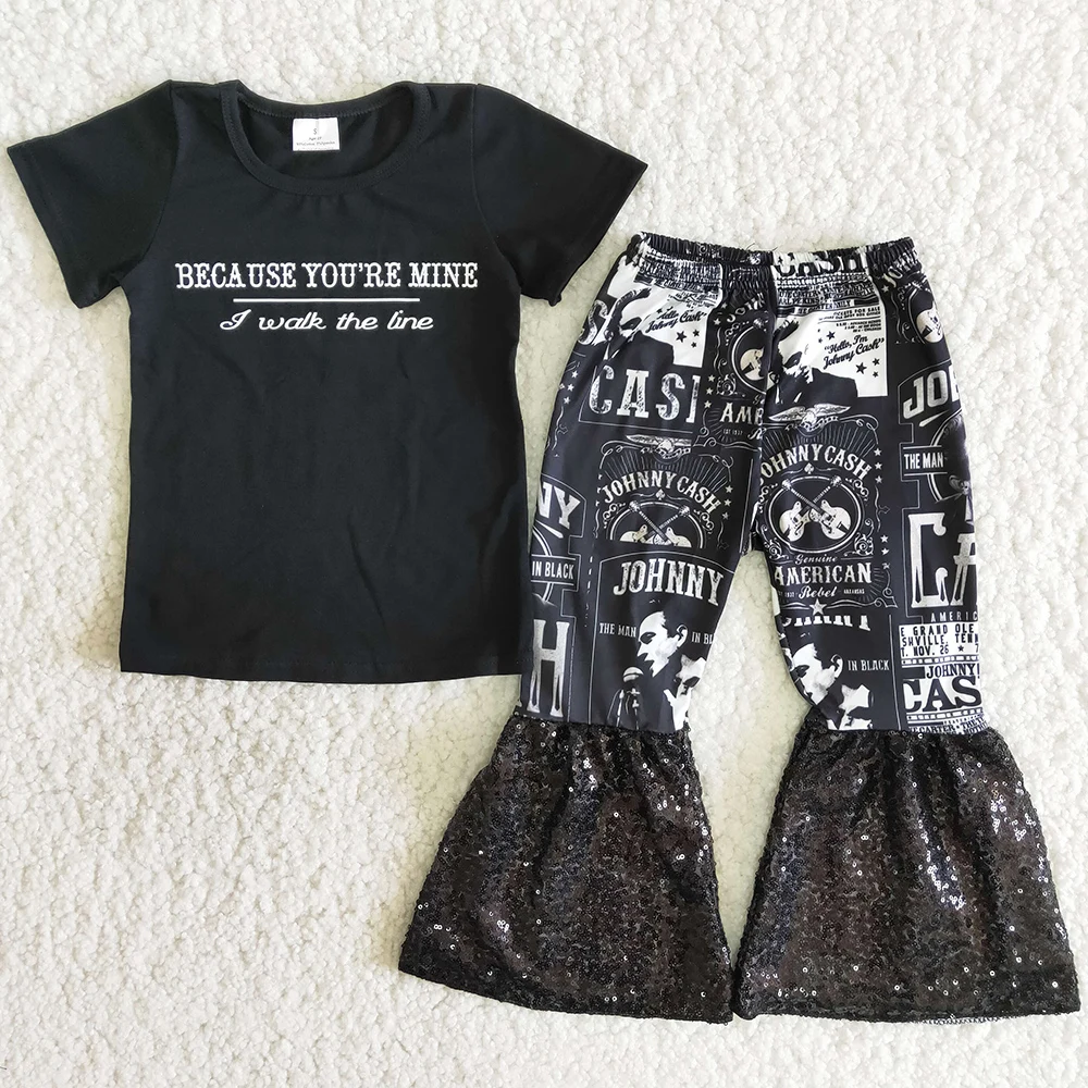 

New Fashion Baby Girls Designer Clothes Black T-shirt Sequins Bell Bottom Pants Girls Boutique Outfits Toddler Girl Clothes Set