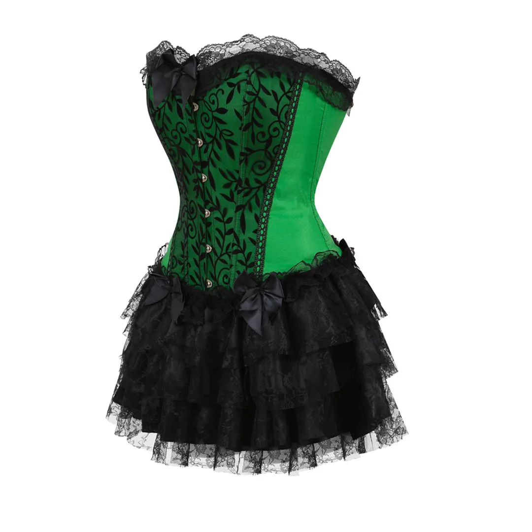 Lace overlay Evening Casual Corset Dress Sexy Women\'s green Lingerie and black Lace Mini Skirt Showgirl Dance S-2XL