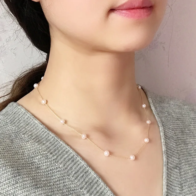 Real 18K Gold Chain Necklace Round Pearl Gypsophila Necklace For Women,Freshwater Pearl Choker Necklace Wedding Jewelry