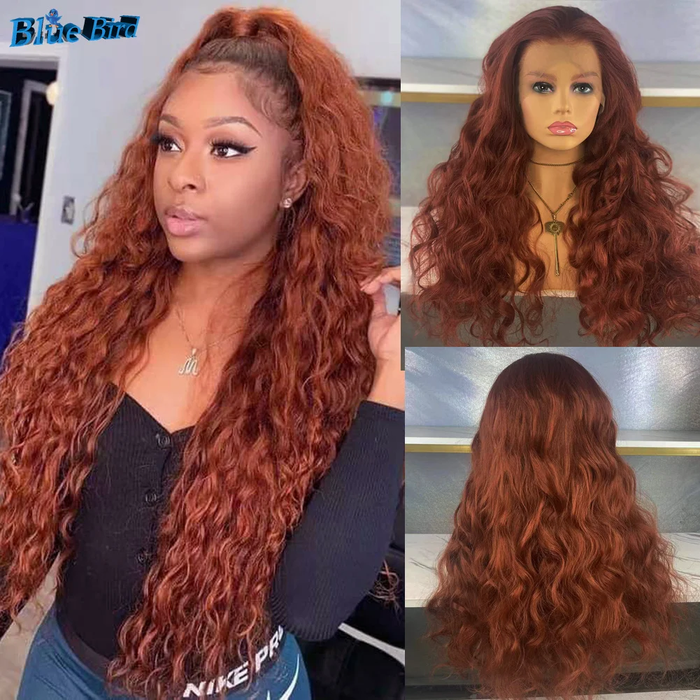 BlueBird 350# Long13x4 Glueless Synthetic Lace Front Wigs for Women Copper Red Color Water Wave Half Hand Tied Front Lace Wigs