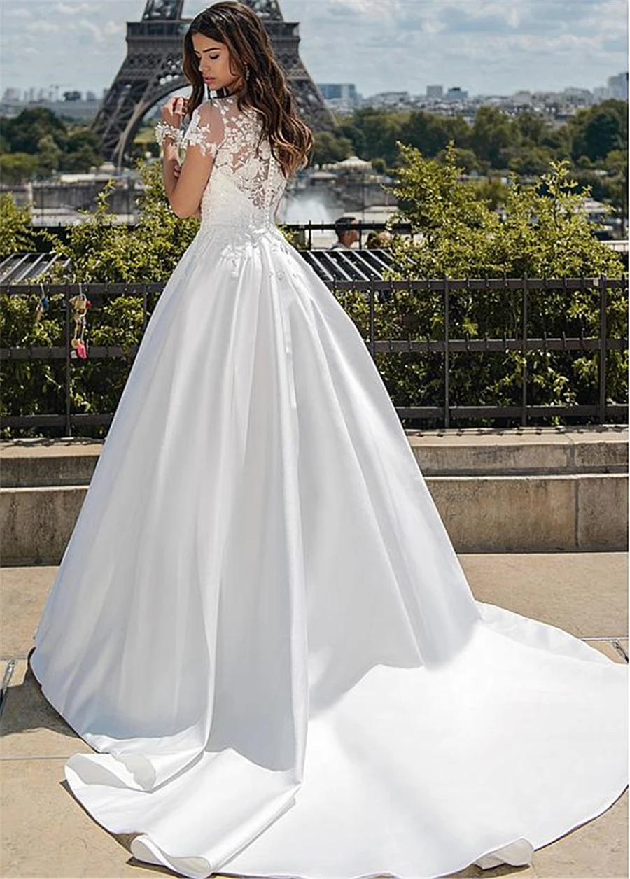 Elegante Brautkleider neue Mode A-Linie Kurzarm Satin Spitze lange formelle Brautkleider c45o