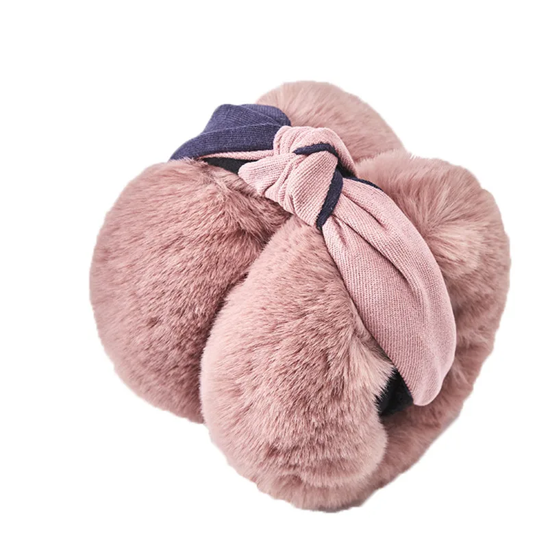 Fashion Winter Women Outdoor Earmuff Bowknot Foldable Cover Earphones Thick Plush Ear Warm Fluffy Fur Patchwork Headphone Girls