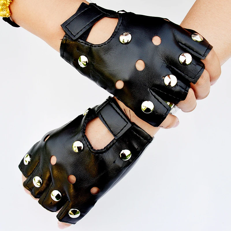 Adult/Child Halloween Carnival Studded Cool Gloves Street Dance Punk Dancing Dew Half Finger Leather G45