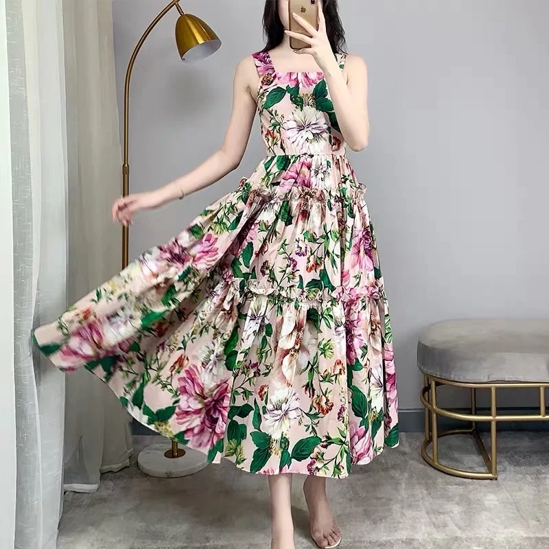 Luxury Flower Summer Dress Women\'s Long Dresses Runway Floral Ruched Shapghetti Strap Sundress Midi Buttons Holiday Dress