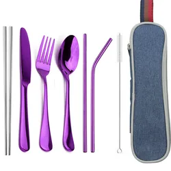JANKNG Tableware Stainless Steel Cutlery Travel Camping Dinnerware Set Spoon Fork Chopsticks with Straw Portable Case