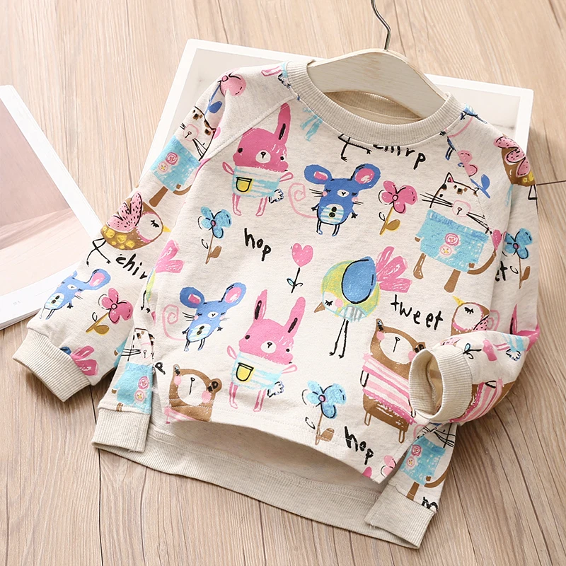 2024 Autumn Spring 2 3 4 5 6 7 8 9 10 Years Casual Long Sleeve Cartoon Animal Print Cotton Loose Sweatshirt For Kids Baby Girls