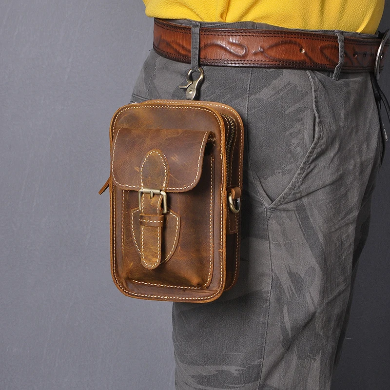 Quality Leather men Casual Design Fashion Multi-Function Hook Bum Messenger Bag Fanny Waist Belt Pack  6\