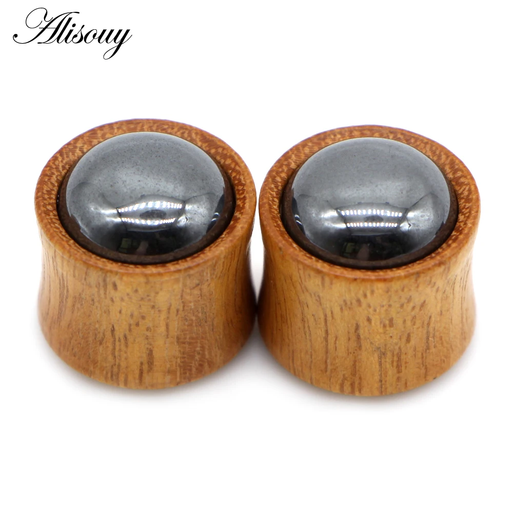Alisouy 2pcs Inlay Stone Wood Retro Ear Tunnel Plug Flesh Gauges Earrings Double Flared Expender Stretcher Body Piercing Jewelry