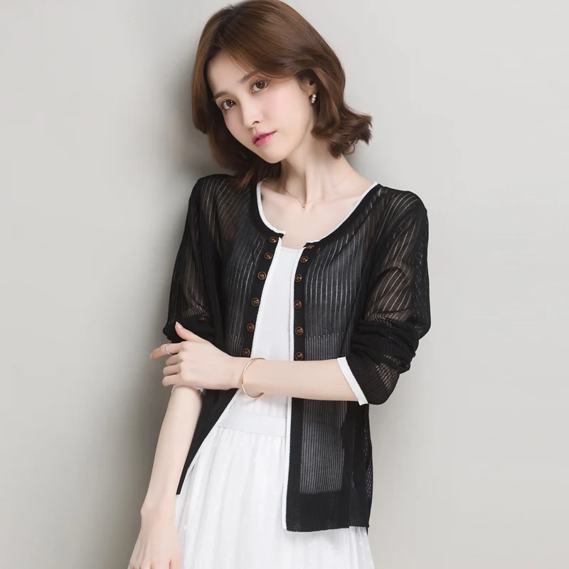 High Quality Women Knit Cardigan Summer Hollow Knitwear Solid See Through Female Knit Outwear Long Sleeve