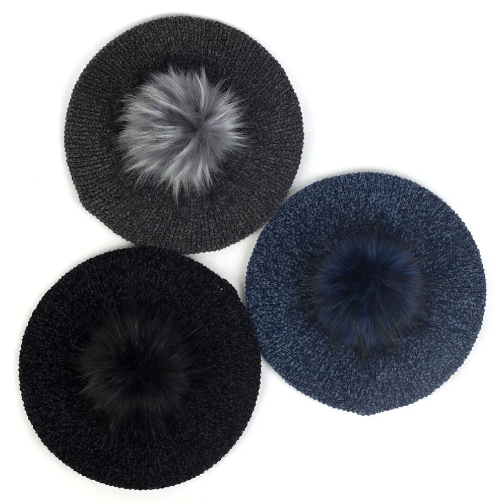 Women Solid Color Berets With Faux Fur Pom Pom Chenille Soft Winter Warm Caps Female French Artist Beret Hairballs Casual Hats