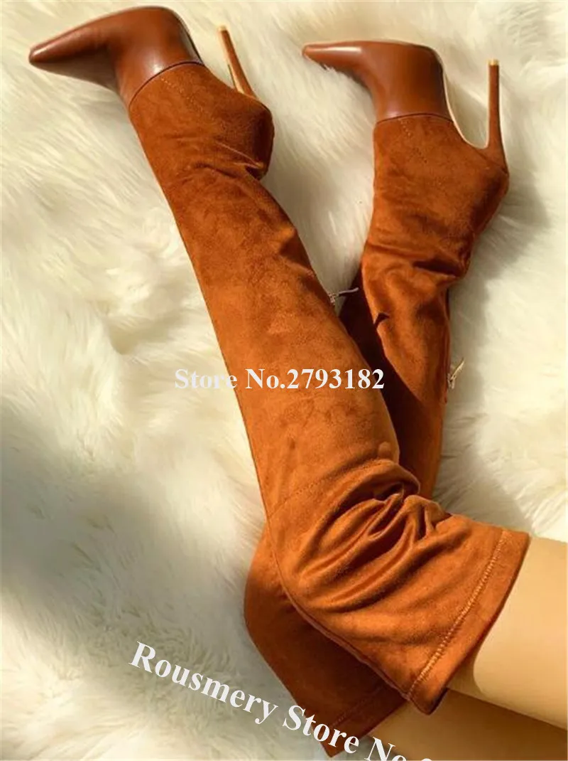 

Ladies Sexy Fashion Pointed Toe Suede Leather Over Knee Stiletto Heel Boots Brown Patchwork Long High Heel Boots Dress Shoes